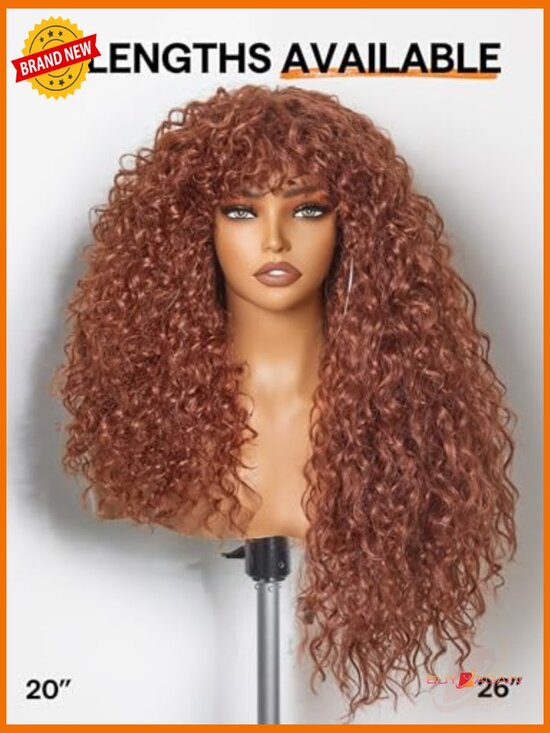 Shaggy Curly Wig with Bangs Realistic Look Synthetic Human Hair Blend